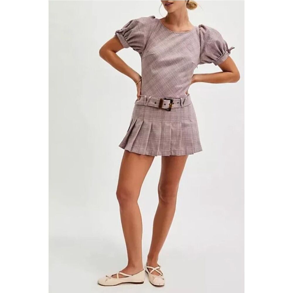 Free People Sevi Plaid Mini Dress Puff Sleeve Grey and Pink Combo Size M NWOT